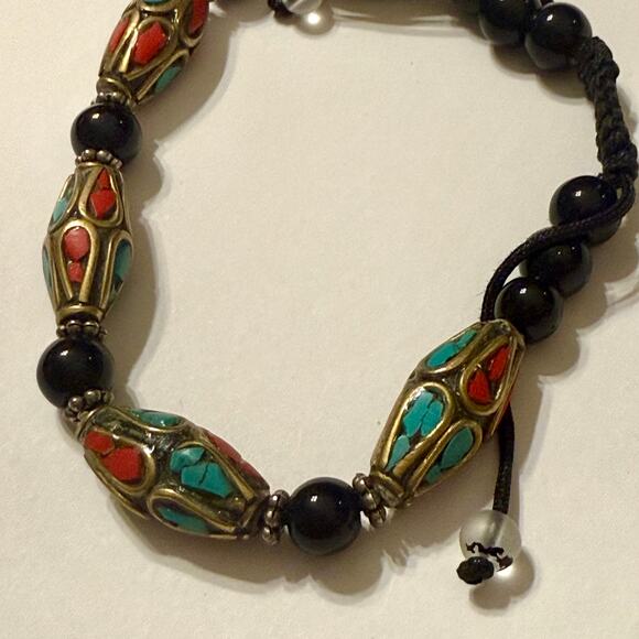 Nepalese Turquoise & Coral Inlay Brass Beaded Bangle - Picture 6 of 7